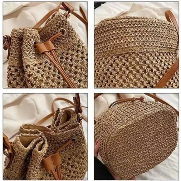 Women's Woven Straw Bucket Drawstring Tote Handbag, Light Brown or Beige - Picture 7 of 12